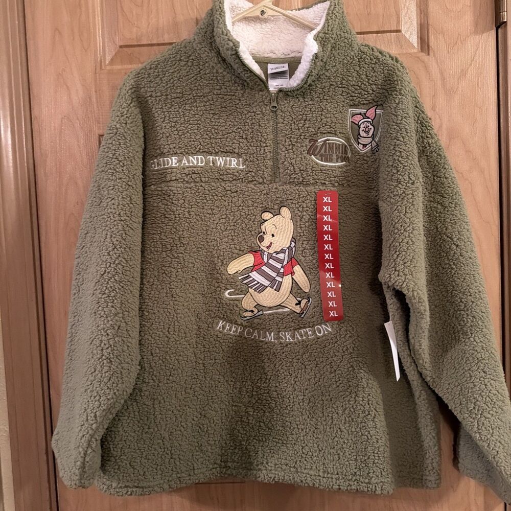 Disney Winnie the Pooh Womens Sherpa Quarter Zip Pullover Green Size X-Large NEW